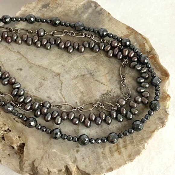 Sterling Silver 925 Triple Strand Peacock Pearl Hematite & Chain Necklace 17.5" - Picture 2 of 16